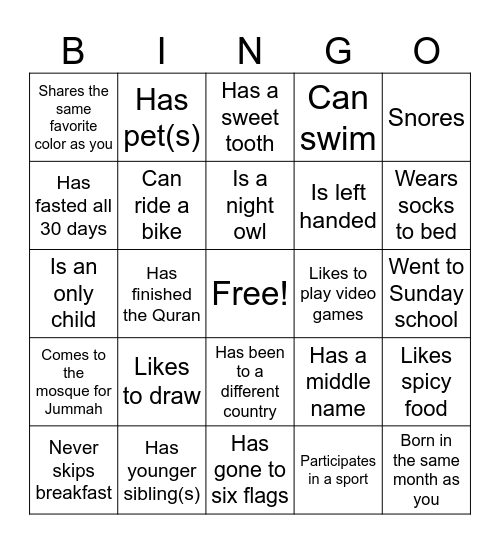 Youth Group Human Bingo Card
