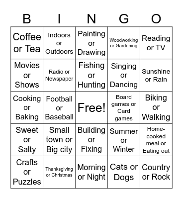 This or That! Bingo Card