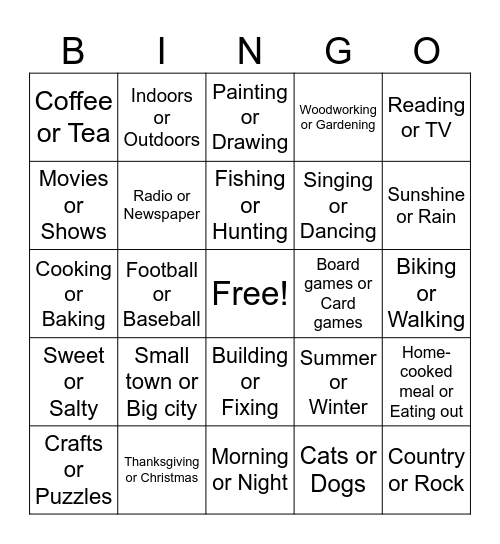 This or That! Bingo Card