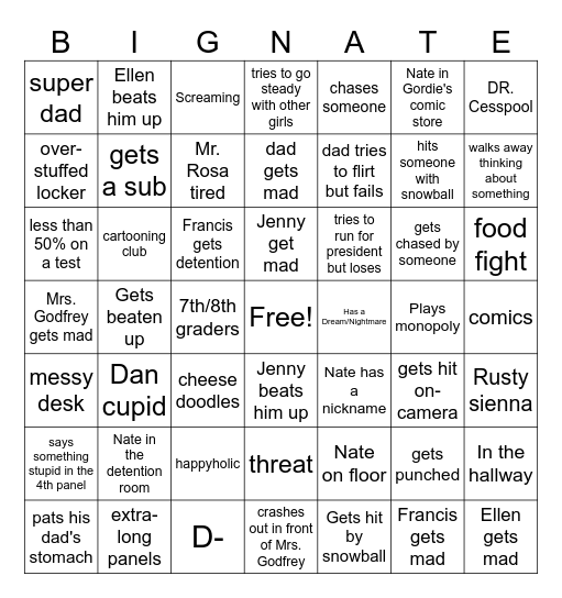 Big nate Bingo Card