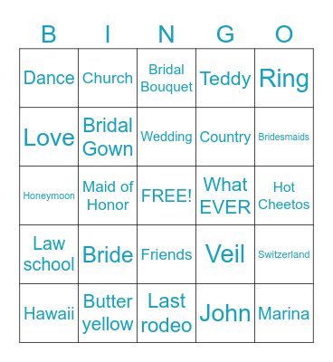 Marina’s Bachelorette Bingo Card