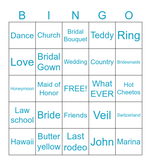 Marina’s Bachelorette Bingo Card