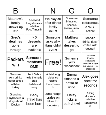 Polewski Family Thanksgiving Bingo Card