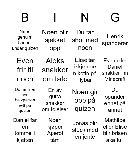 Pub quizzz Bingo Card