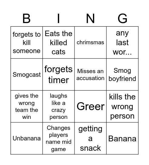 Smog Bingo Card
