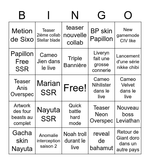 Bingo nikke live 3rd anniversary Bingo Card