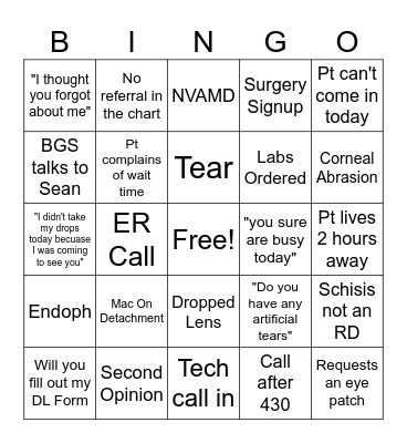 On Call BINGO Card