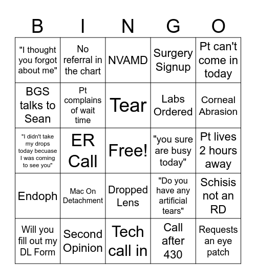 On Call BINGO Card