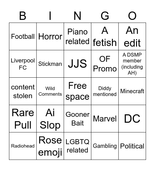 TT/YT Shorts /IG bingo Card
