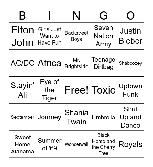 Music Bingo Card
