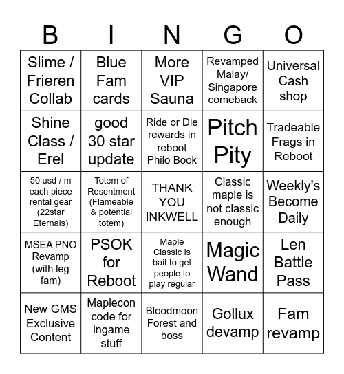 MapleCon Bingo Card
