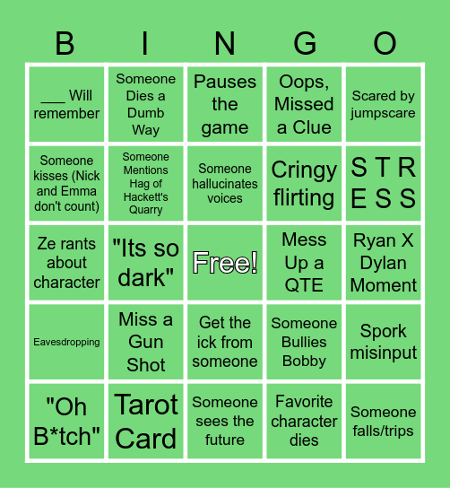 The Quarry Two Beans playthrough Bingo Card