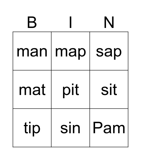 s a t p i n m Bingo Card