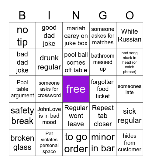 Bartender Bingo Card