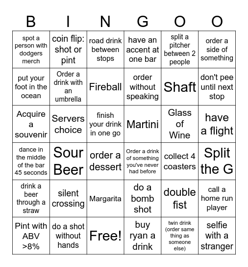 Ryan Bday Pub Crawl :) Bingo Card