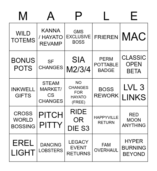 MAPLECON 2025 Bingo Card