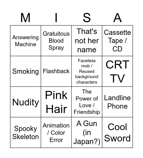VHS Anime Night Bingo Card