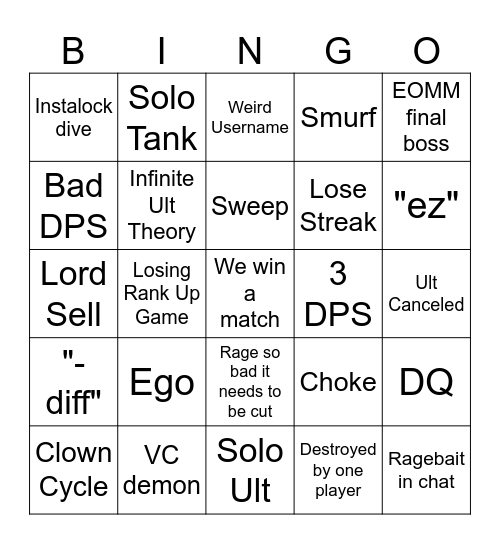 Marvel Rivals Ranked Bingo Card
