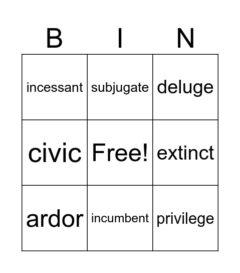 Vocabulary Oct. 27 - Nov. 2 Bingo Card