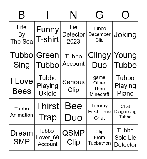 Tubbo TikTok Bingo Card