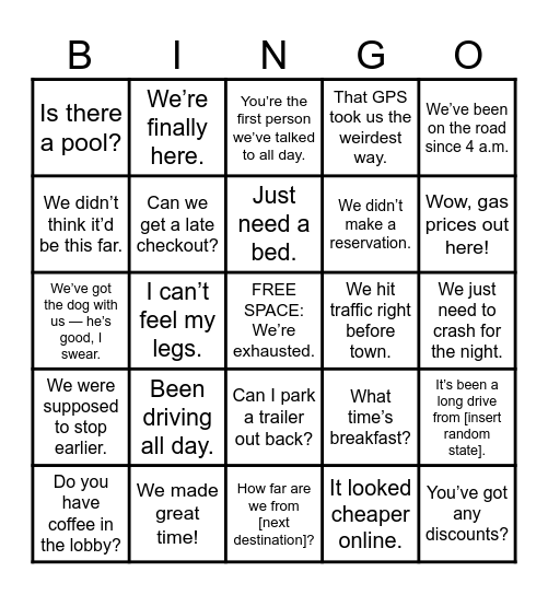 Hotel Front Desk Bingo Card