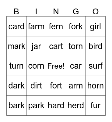 Bossy R Words Bingo Card