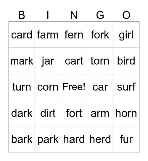 Bossy R Words Bingo Card