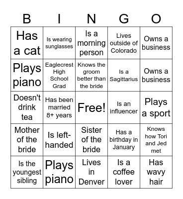 Bridal Shower BINGO Card