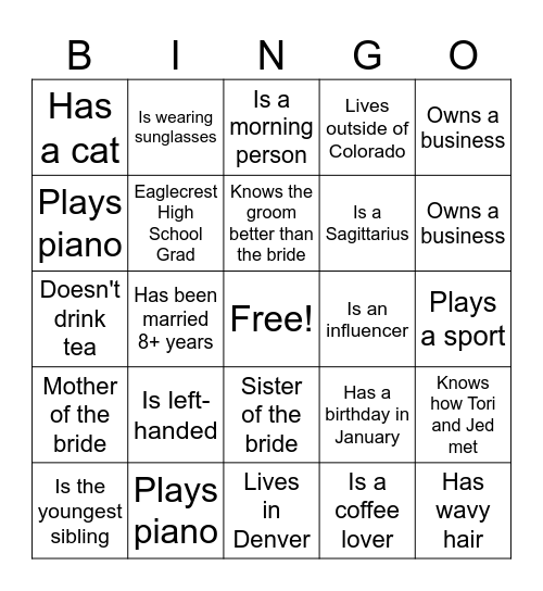 Bridal Shower BINGO Card