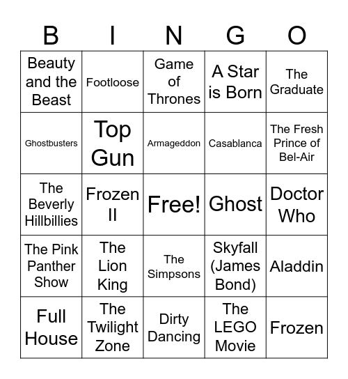 Movies and TV Bingo Card