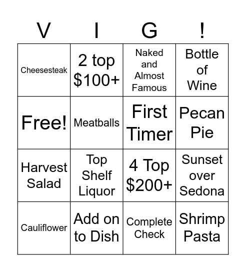 Vig Bingo Oct 25 Bingo Card