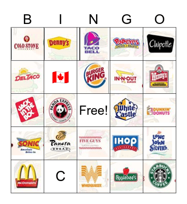Fast Food Bingo Card