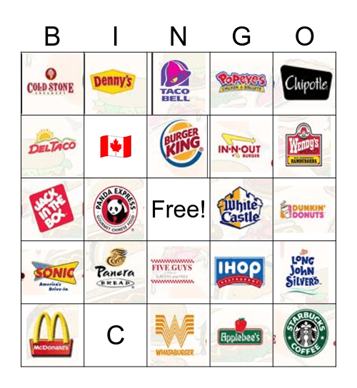 Fast Food Bingo Card
