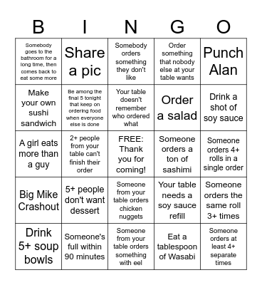Mori Sushi BINGO Card
