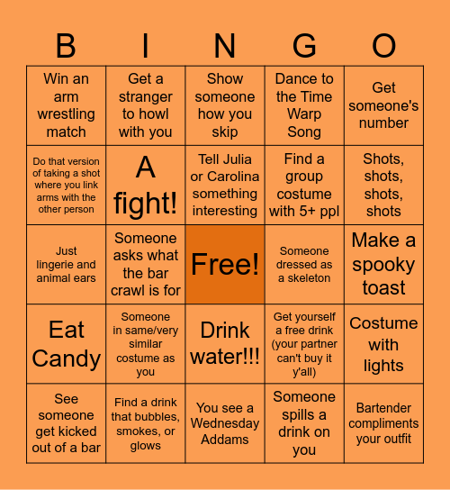Halloween Bar Crawl Bingo Card