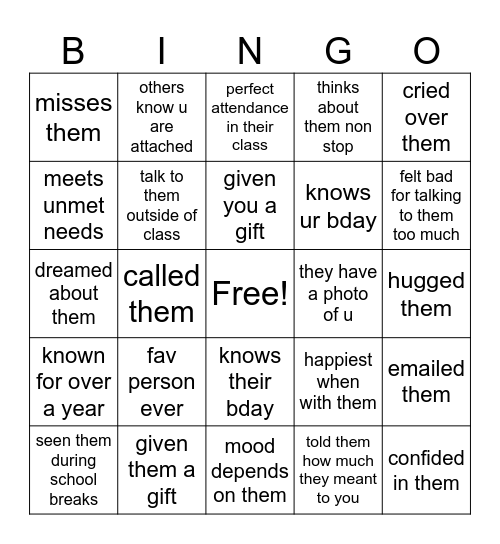 teacher attachment Bingo Card