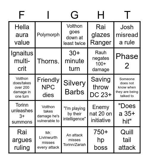 TFD Combat Bingo Card