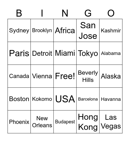 Name That Place Bingo Card