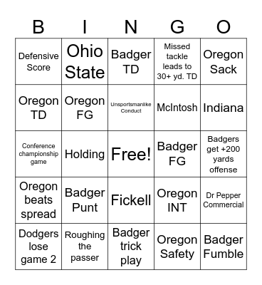 UW vs Oregon Bingo Card