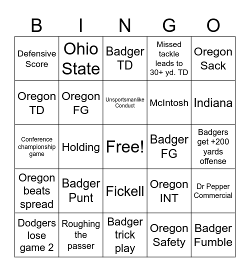 UW vs Oregon Bingo Card