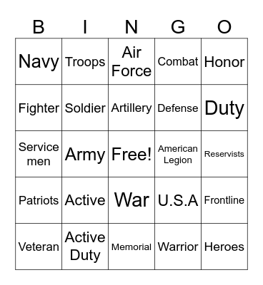 Veterans Bingo Card