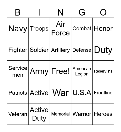 Veterans Bingo Card