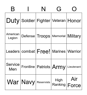 Veterans Bingo Card