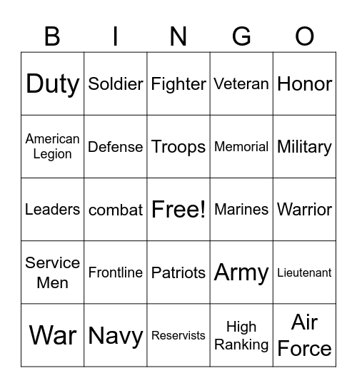 Veterans Bingo Card