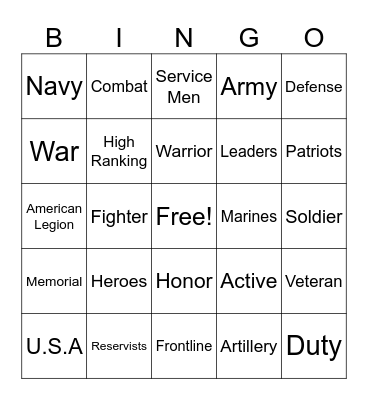 Veterans Bingo Card