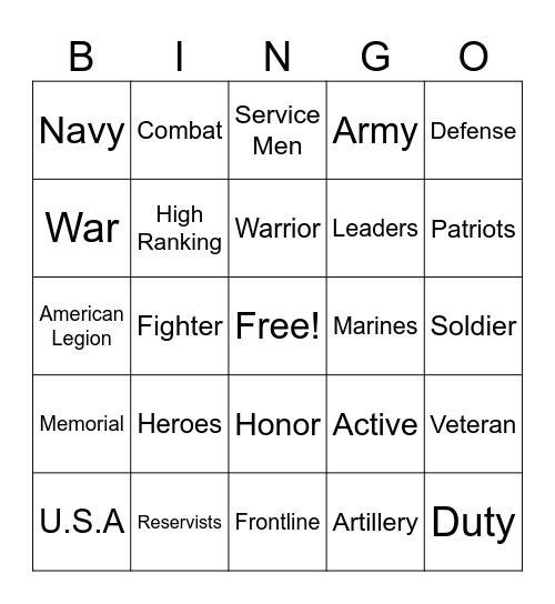 Veterans Bingo Card