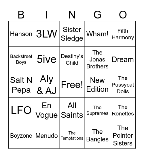 Boy Bands/ Girl Groups Bingo Card