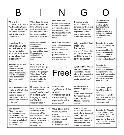 Gatsby Chapter 2 Bingo Card