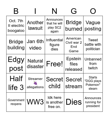 DESTINY VACATION Bingo Card