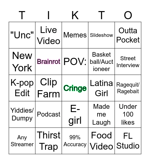 Tiktok Bingo Card